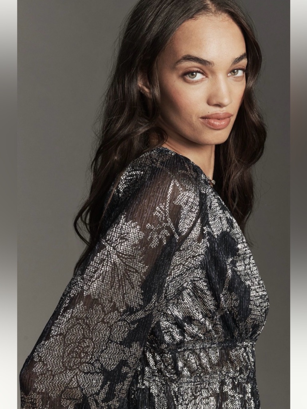 Anthropologie Romantic Glam Navy Metallic Silver Smocked Blouse NWT S Sheer - Picture 4 of 9